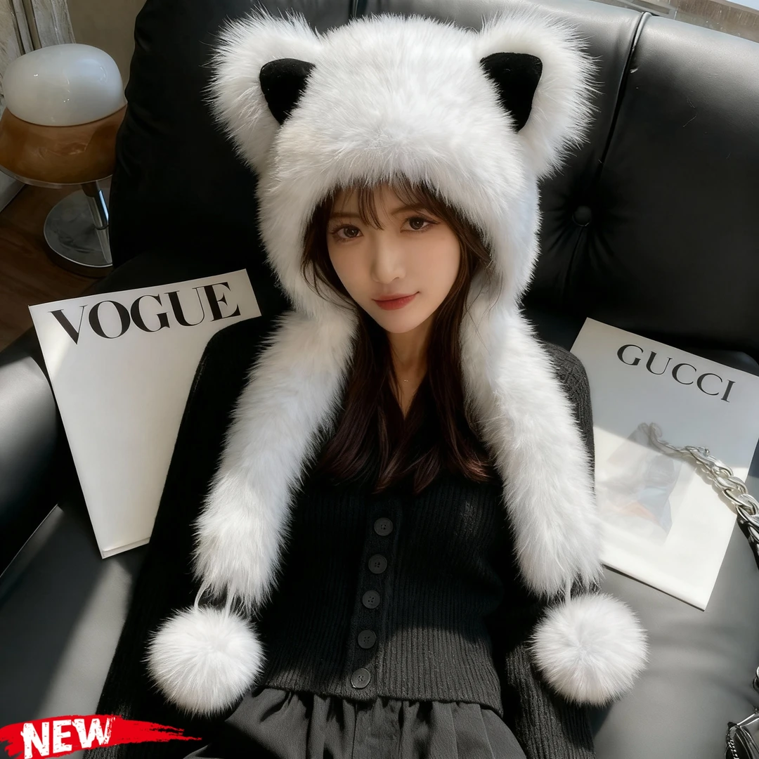 冬季护耳帽子围巾一体加厚毛绒可爱耳朵防风保暖时尚百搭女风雪帽