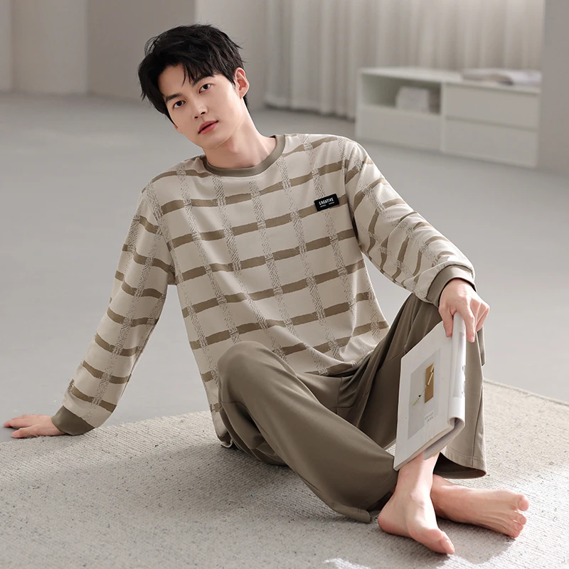 【高档纯棉】男士睡衣春秋全棉套装保暖套头家居服秋冬长袖青年中年