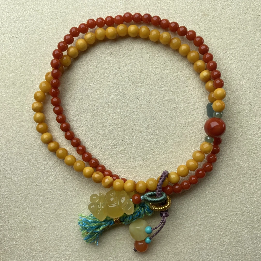 柿子红南红鸡油黄蜜蜡双圈手链SN32