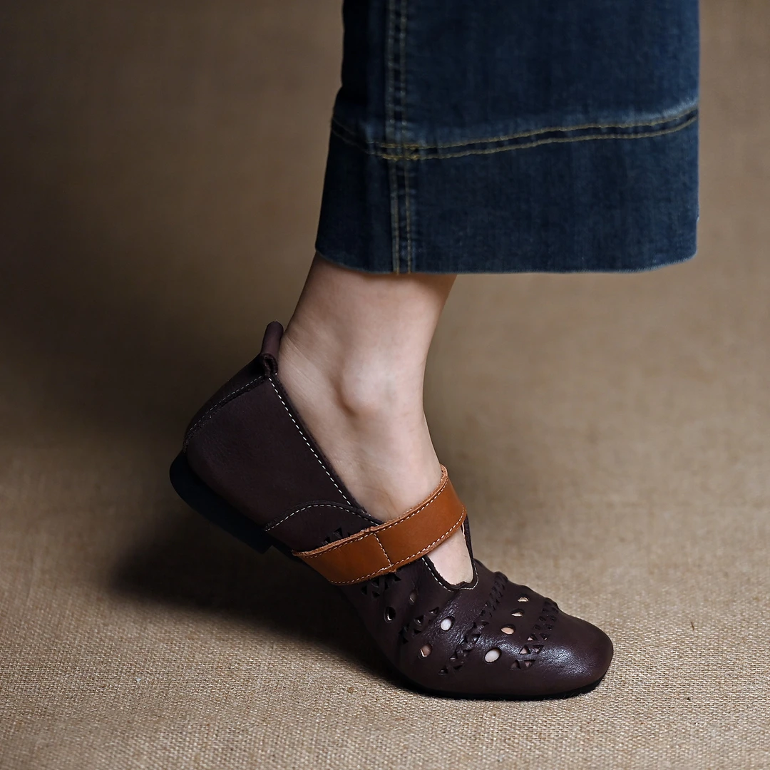 咖色舒适上班通勤头层牛皮绑带软底软面单鞋女平底鞋 真皮女鞋