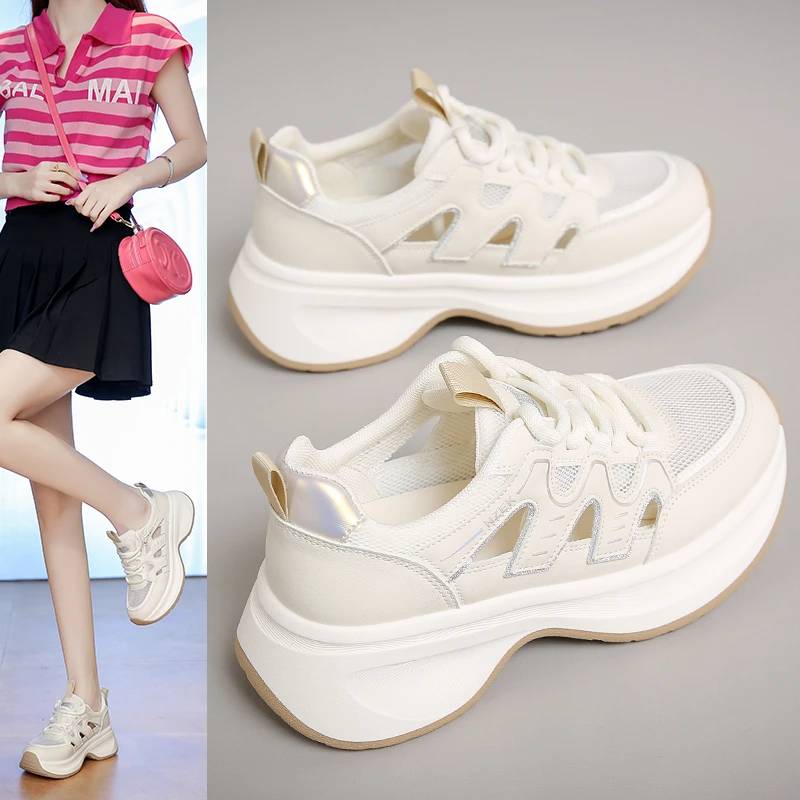 夏季网面透气运动凉鞋女款镂空洞洞鞋厚底休闲老爹鞋低帮平底软底