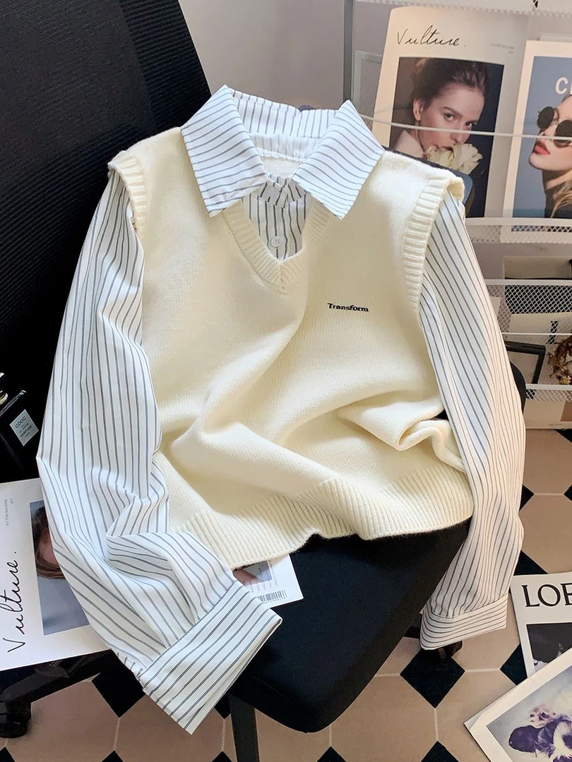 早秋新款条纹假两件拼接衬衫女韩系叠穿针织马甲减龄高级感上衣潮