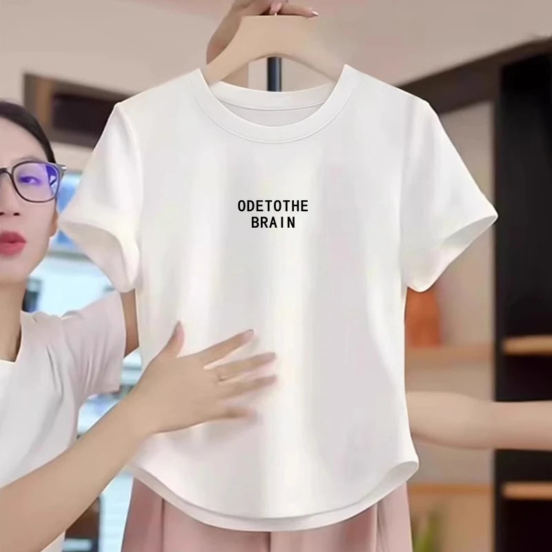 女童夏季短款纯棉短袖t恤字母印花女孩弧形下摆儿童白色上衣圆领