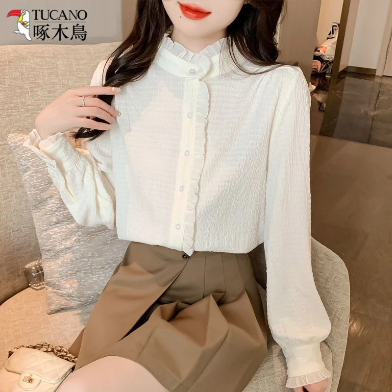 TUCANO/啄木鳥秋冬新款打底衫女装法式立领长袖衬衫内搭蕾丝上衣