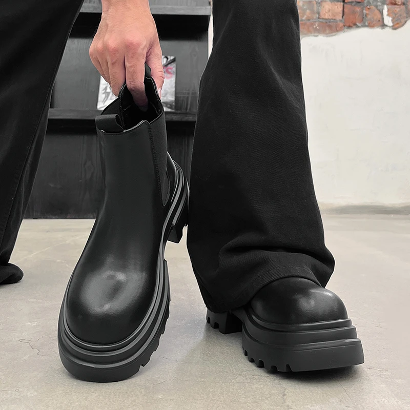 新款切尔西靴男厚底增高6cm烟筒靴高帮德比鞋男中帮工装马丁靴男