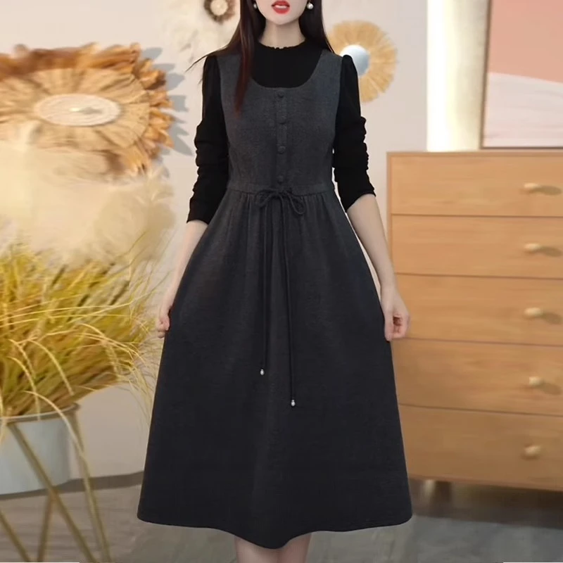 漂亮衣橱长袖拼接连衣裙女秋季2025新款修身系带通勤风中长a字裙