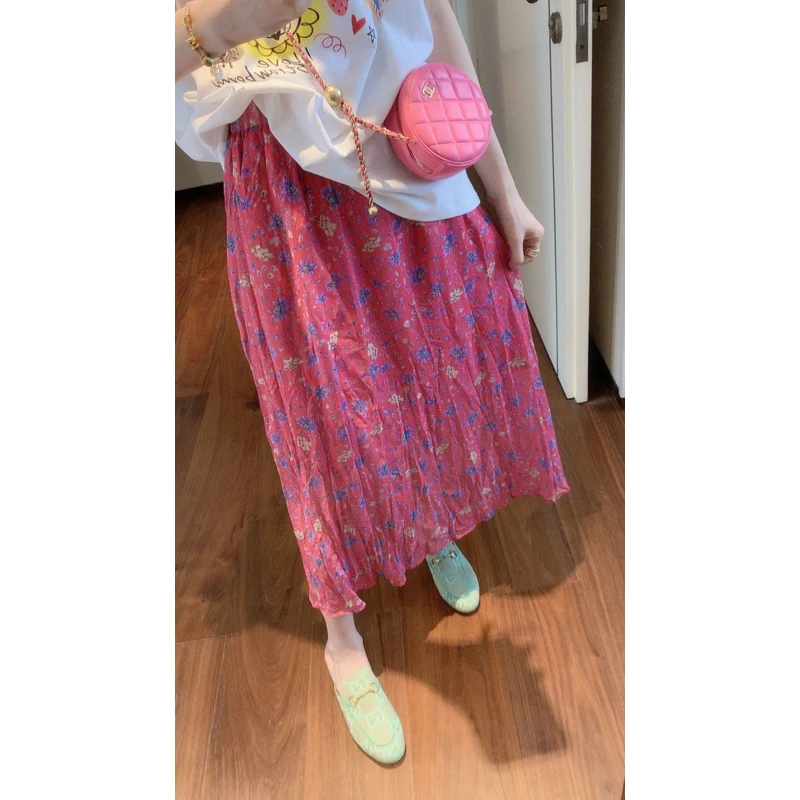 【张静芝】褶皱蓝碎花松紧腰半身裙