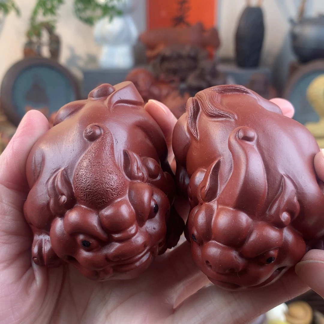 紫砂茶宠对貔貅朱泥大红袍