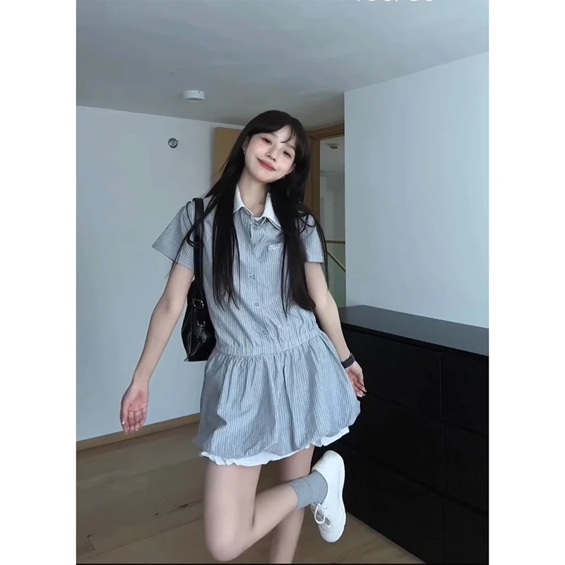 学院风niu系假两件条纹短袖衬衫连衣裙NV 夏季新款宽松花苞短裙子
