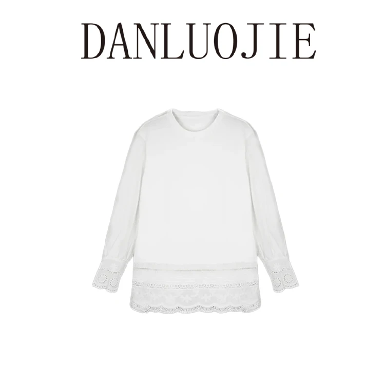丹珞婕  威尼斯商人 100棉镂空花边圆领罗纹春夏长袖上衣