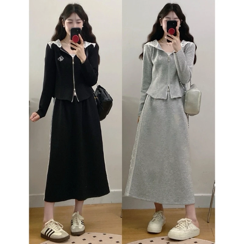 MO88ZSPF大码女装春秋胖mm刺绣蕾丝拼接上衣+半身裙两件套套装裙