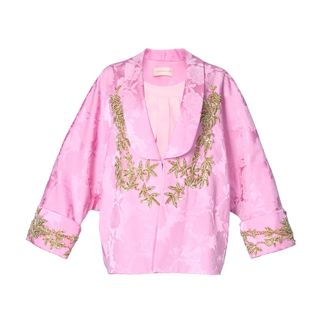 JUNYANG杨君 胭脂桃粉宽松珠绣短款外套中式设计师
