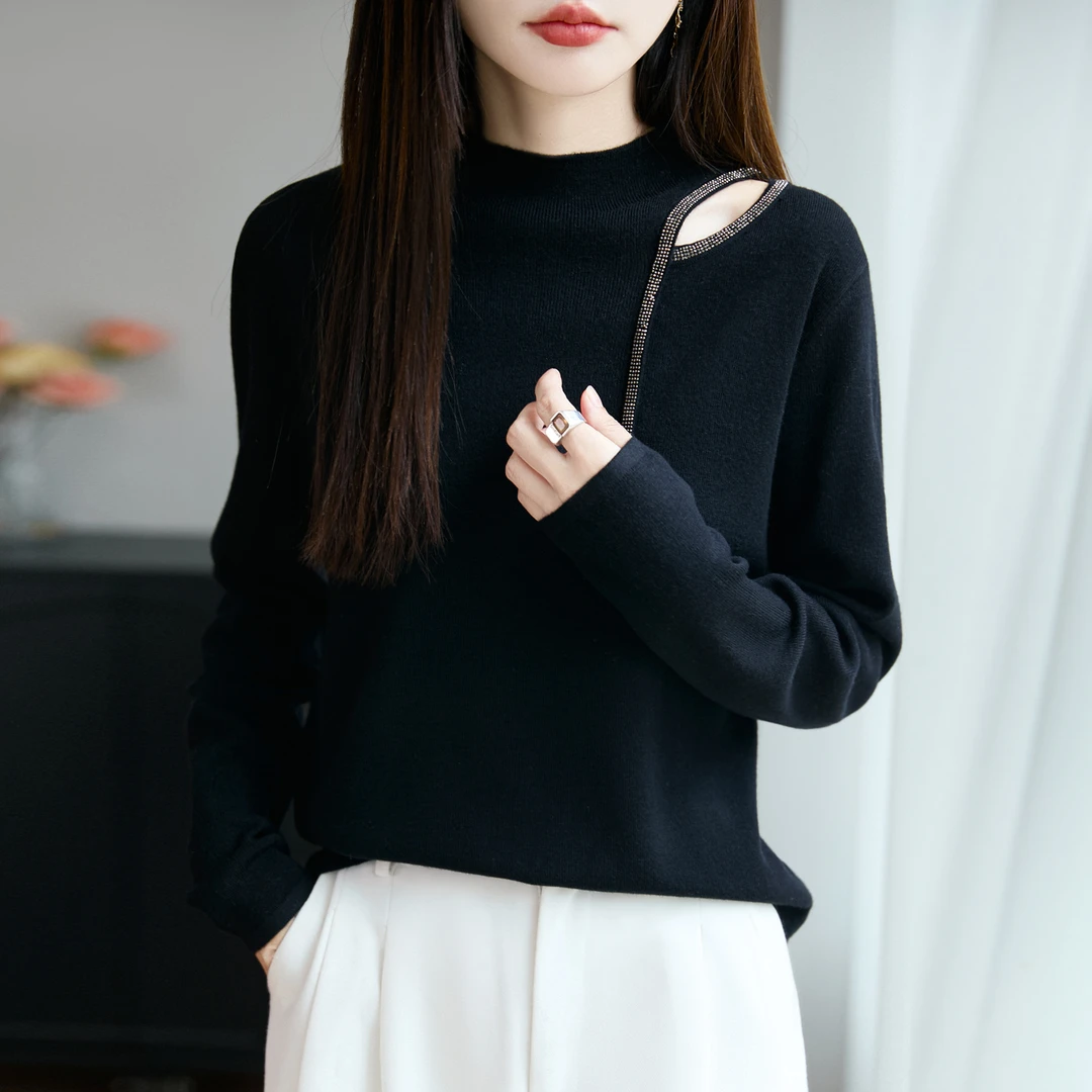 设计感露肩烫钻精仿羊毛针织衫女半高领纯色套头毛衣打底衫黑色