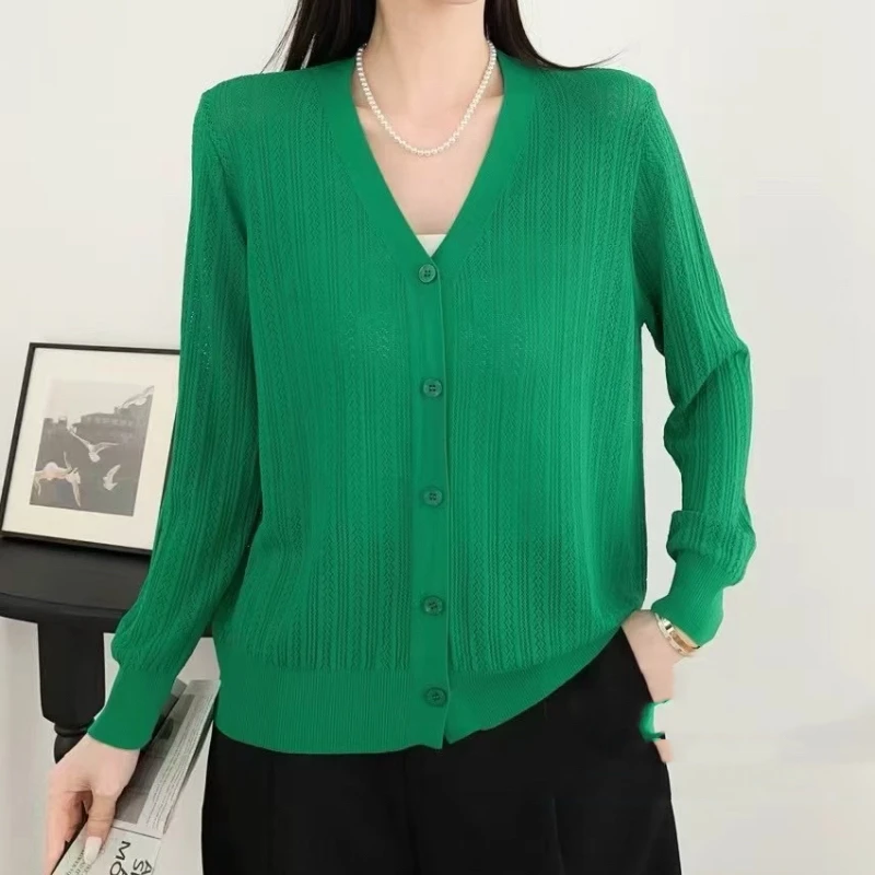 夏季冰丝v领镂空针织衫女式开衫薄款宽松毛衣空调衫外套防晒上衣