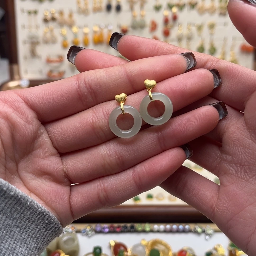 和田玉银S925镀金镶嵌耳饰