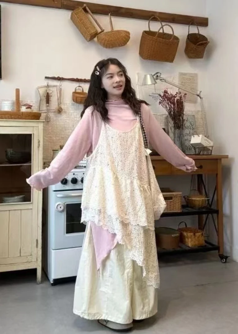 胖mm大码盐系蕾丝吊带不规则阔腿裤打底t恤三件套套装