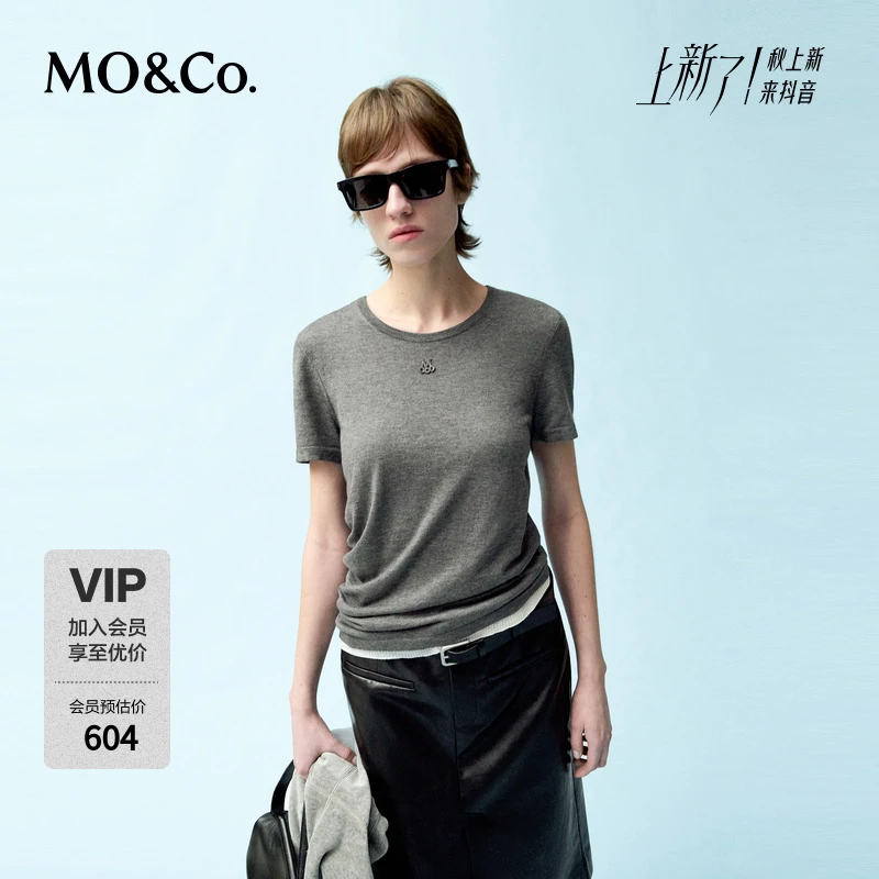 MOCO针织衫2025春新品短袖含醋酸羊绒金属标解构斜裁MBE1SWTT08