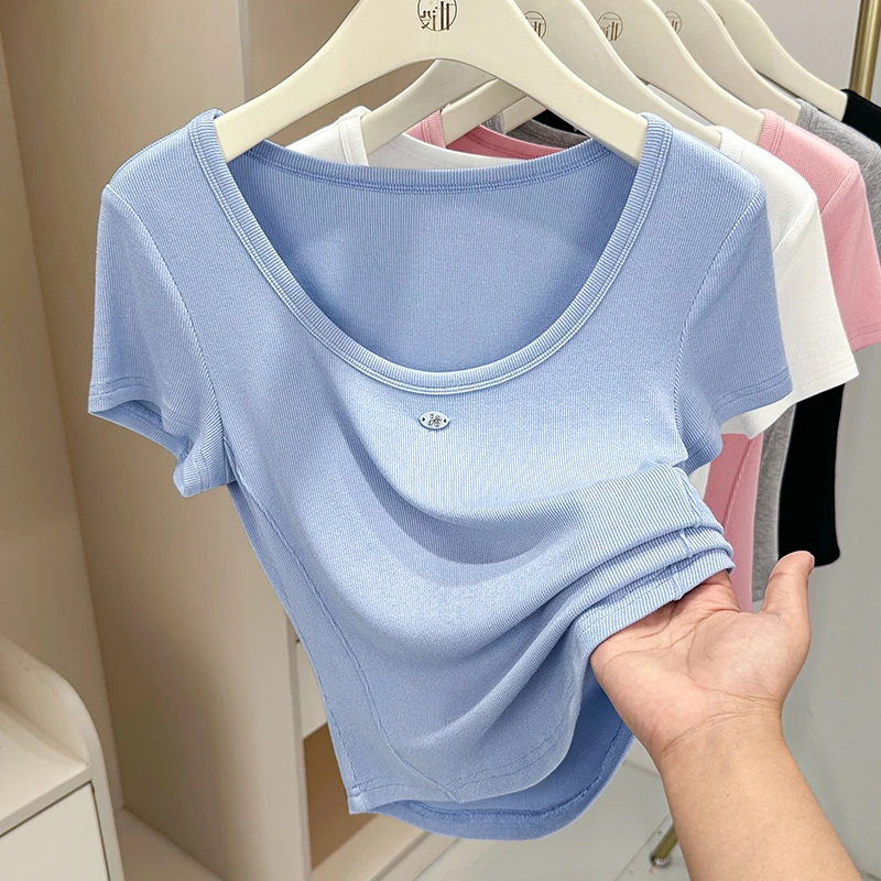 时髦洋气夏季浅蓝色显白ins短袖T恤2025新款简约女装上衣百搭小衫