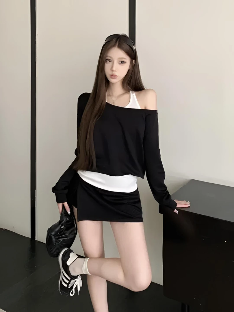撞色拼接假两件斜肩长袖卫衣女秋季休闲套装辣妹包臀半身裙两件套