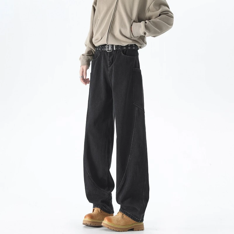 SiaLoss牛仔裤男2025早秋新款美式高街vibe拼接宽松直筒阔腿长裤