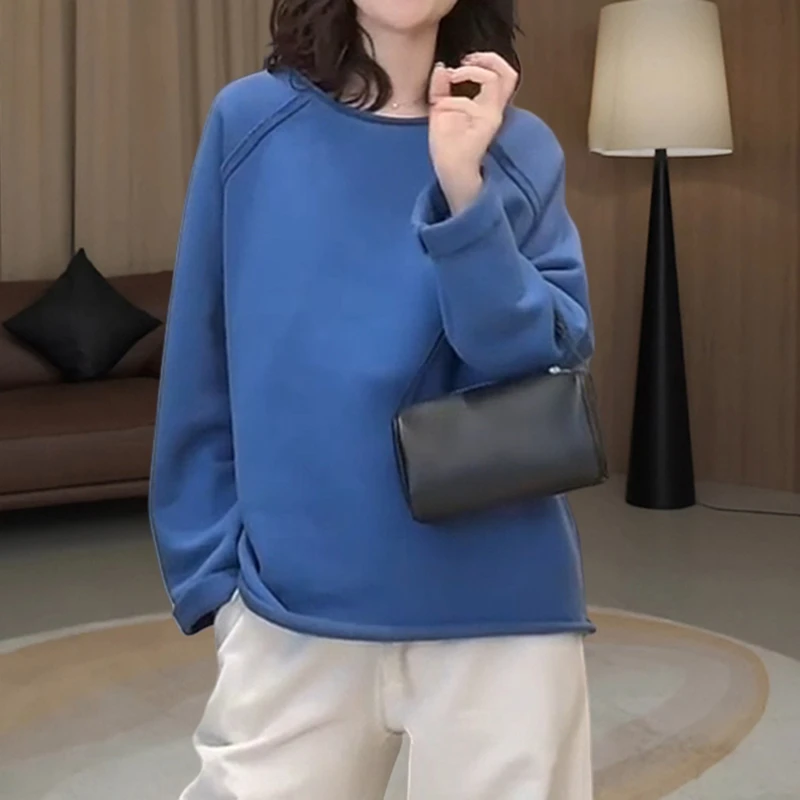 极简风设计卷边拼接纯色卫衣女春秋新款简约宽松休闲显瘦长袖上衣