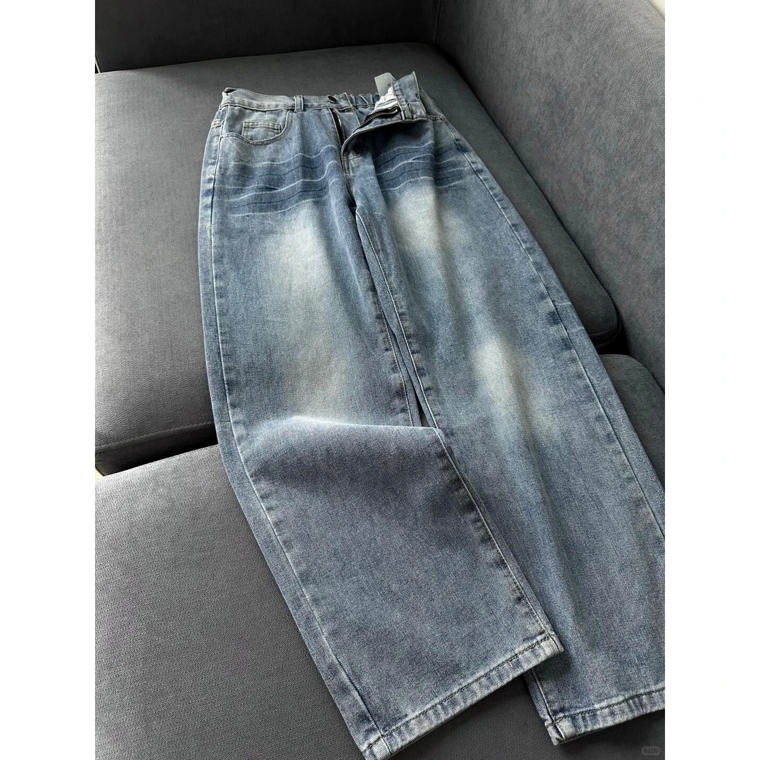 美式复古直筒牛仔裤男士秋季新款潮流闪电纹裤子高街痞帅宽松长裤