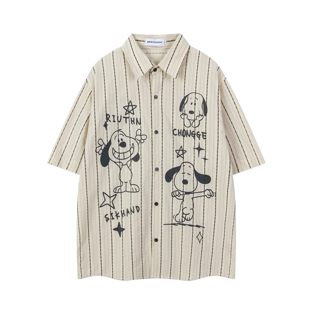 夏季美式复古学院风狗狗印花条纹短袖衬衫女男vintage情侣上衣