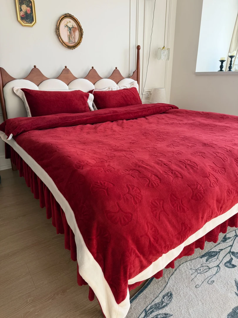 【银杏叶】5D雕花 高奢拼角工艺 加绒加厚保暖床盖款四件套