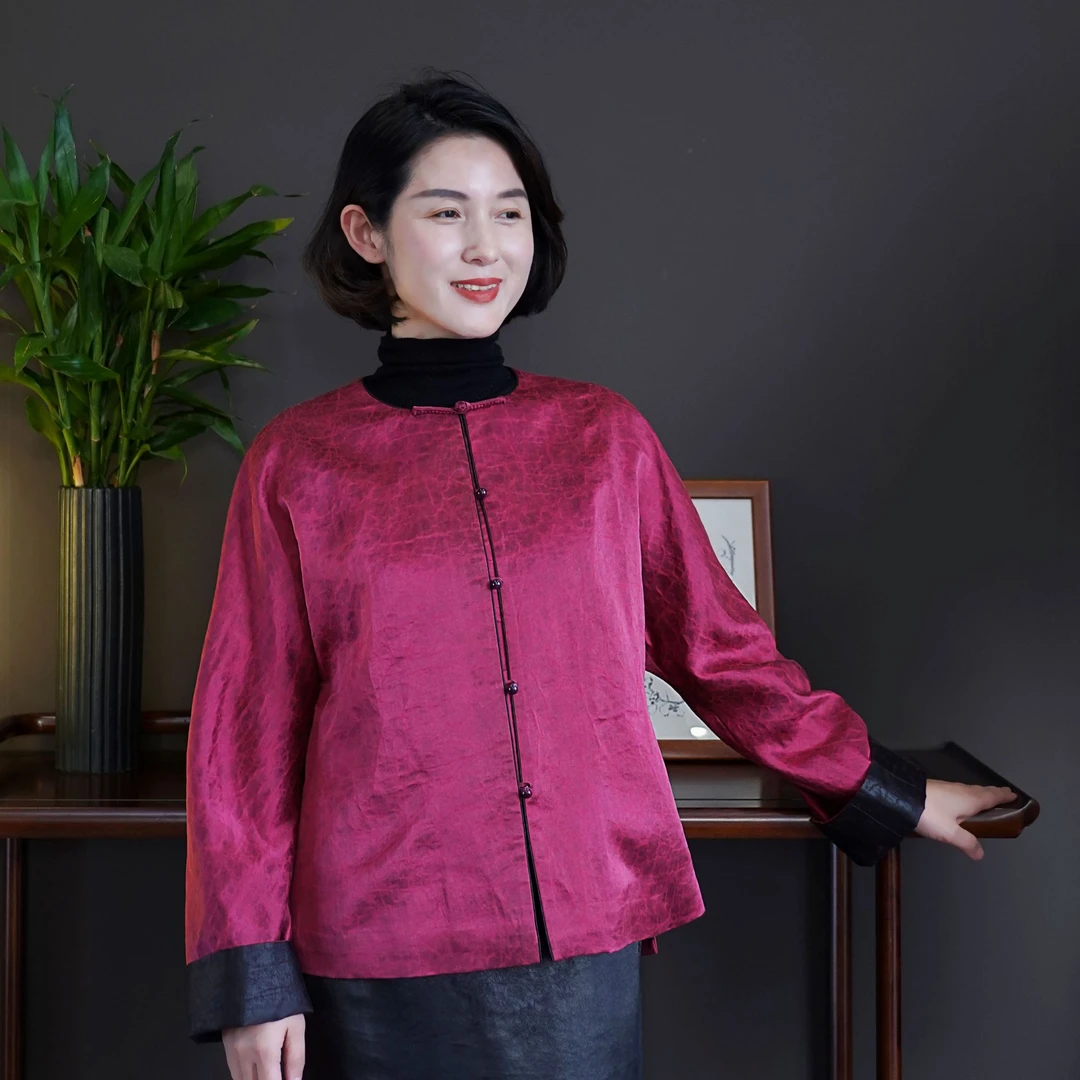 【京华苏艺】香云纱桑蚕丝新中式龟缎上衣玫粉色秋季新款-68606