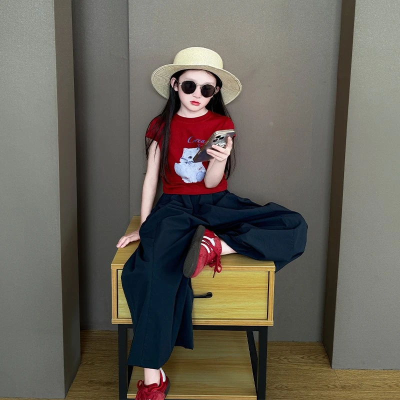 女童2025夏季新款洋气时髦镂空后背猫咪短袖t恤速干阔腿裤两件套