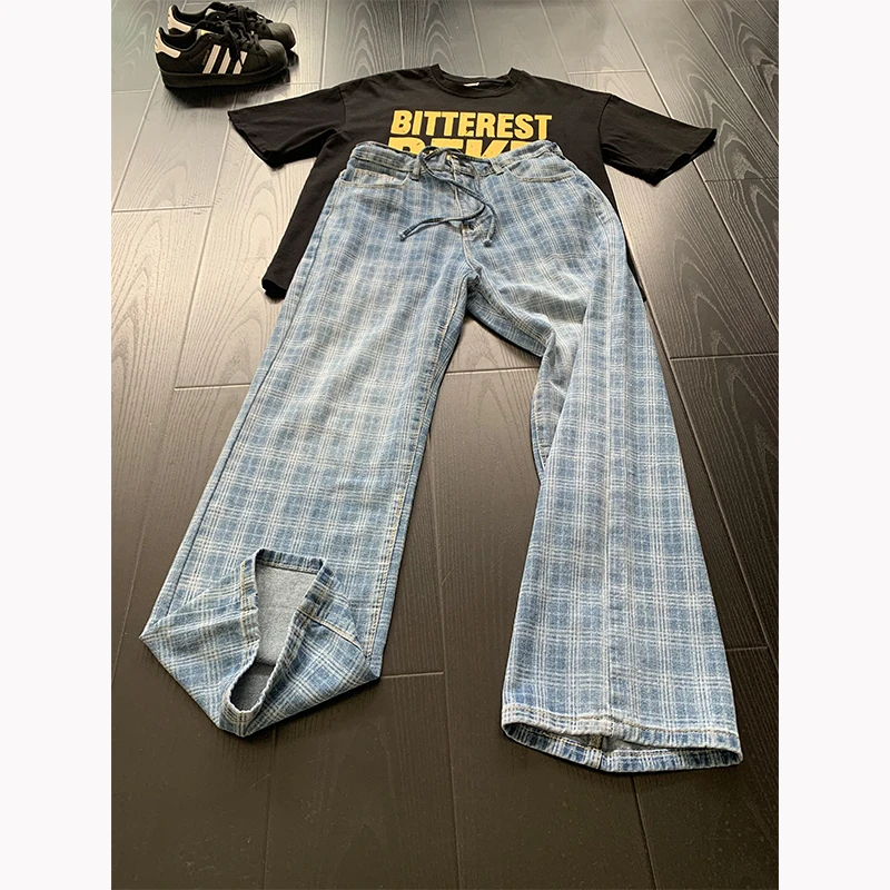 cleanfit格子牛仔裤男款直筒美式vibe风裤子高街小众设计感微喇裤