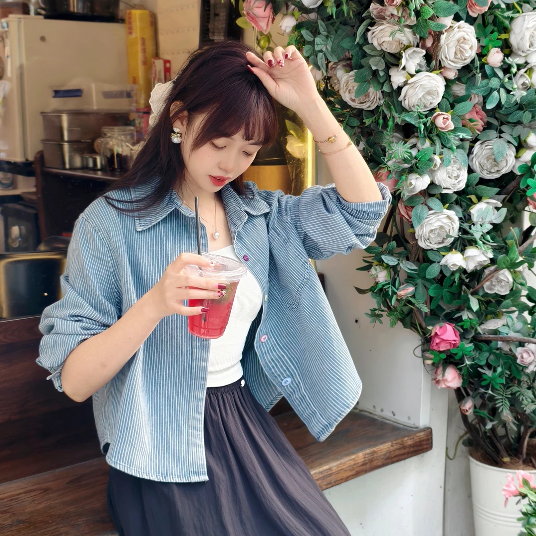 西米家小个子蓝条纹衬衫外套女款春装牛仔上衣牛仔衬衣5936