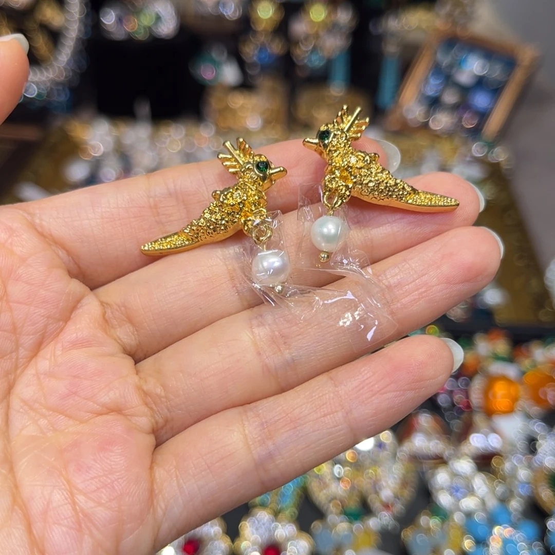 纯铜仿珍珠925银金凤凰珍珠耳钉1