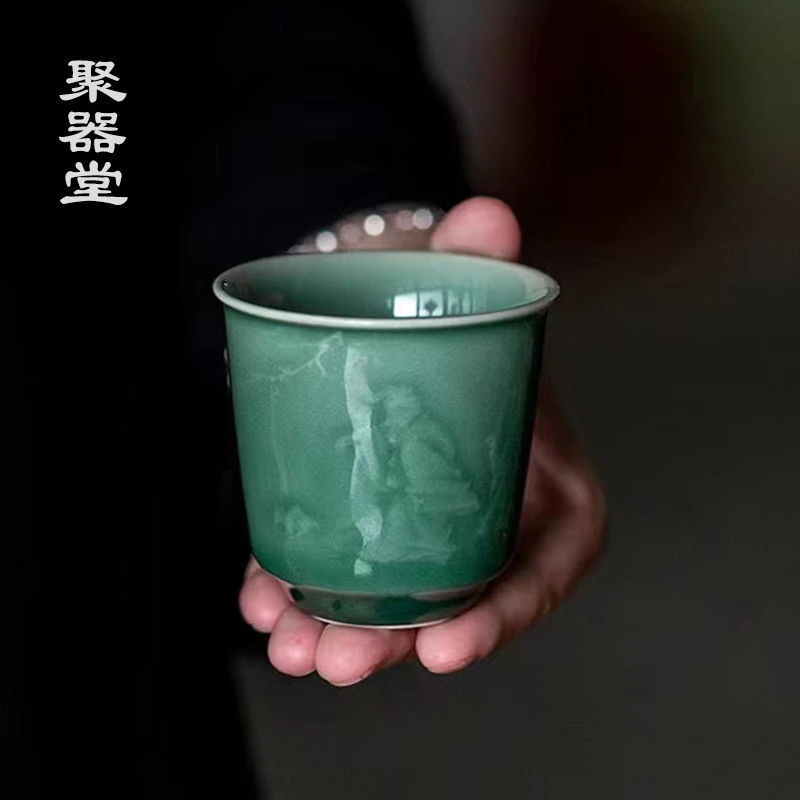 复古釉下影雕青瓷主人杯大号闻香杯陶瓷功夫茶杯个人杯单杯