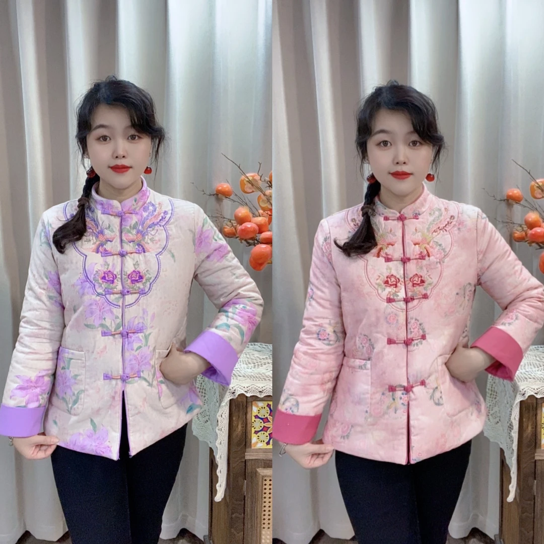 中式复古刺绣国风棉衣立领盘扣加厚夹棉棉袄冬季中老年女国风上衣
