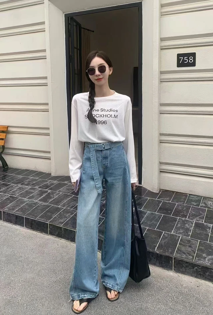 【51-100】2025春秋新款高腰时尚百搭牛仔阔腿长裤显瘦直筒