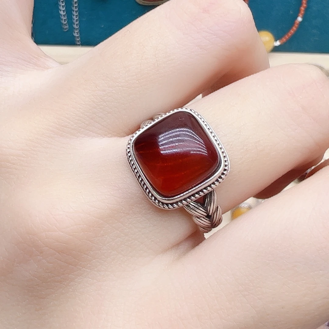 血珀戒指银S925镶嵌天然