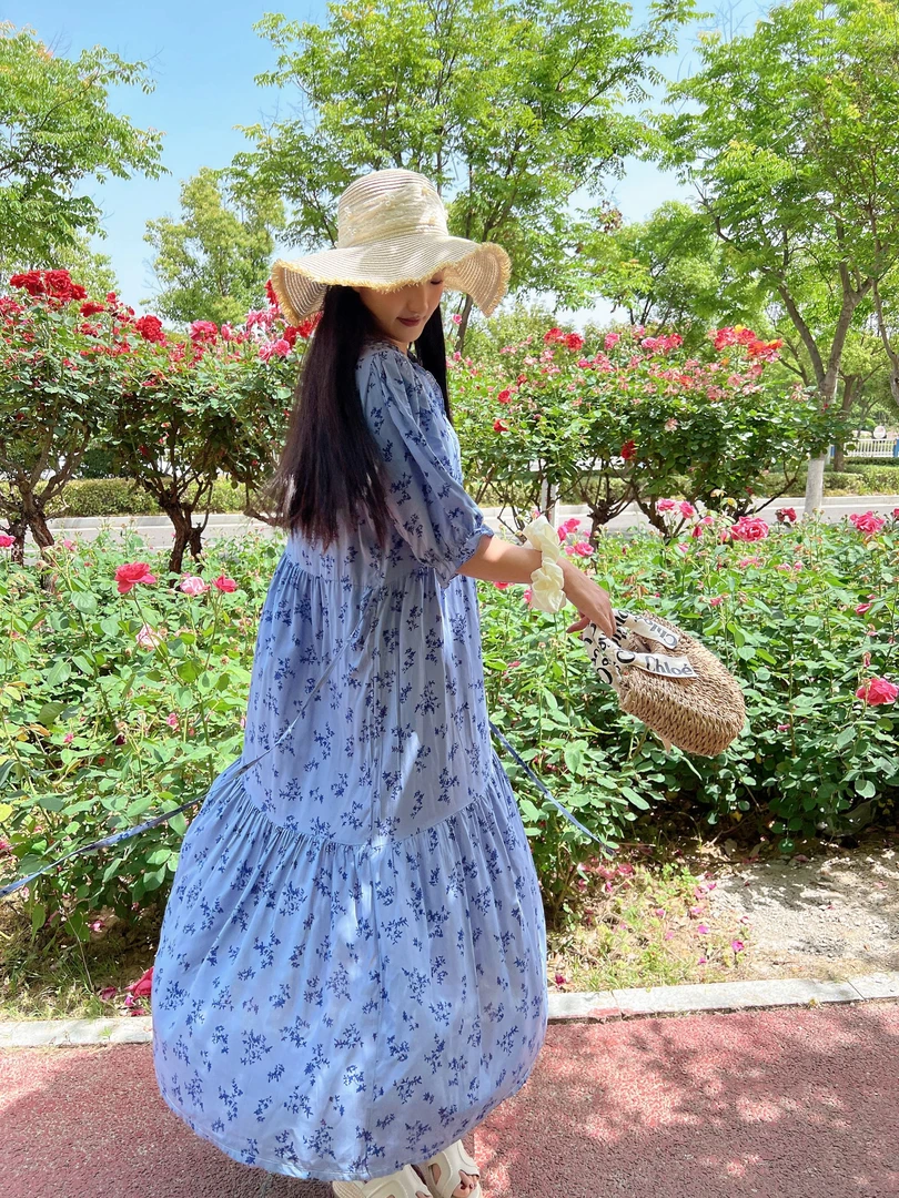 【夏季新品.碎花裙】夏季长款女士法式气质显瘦绵绸连衣裙