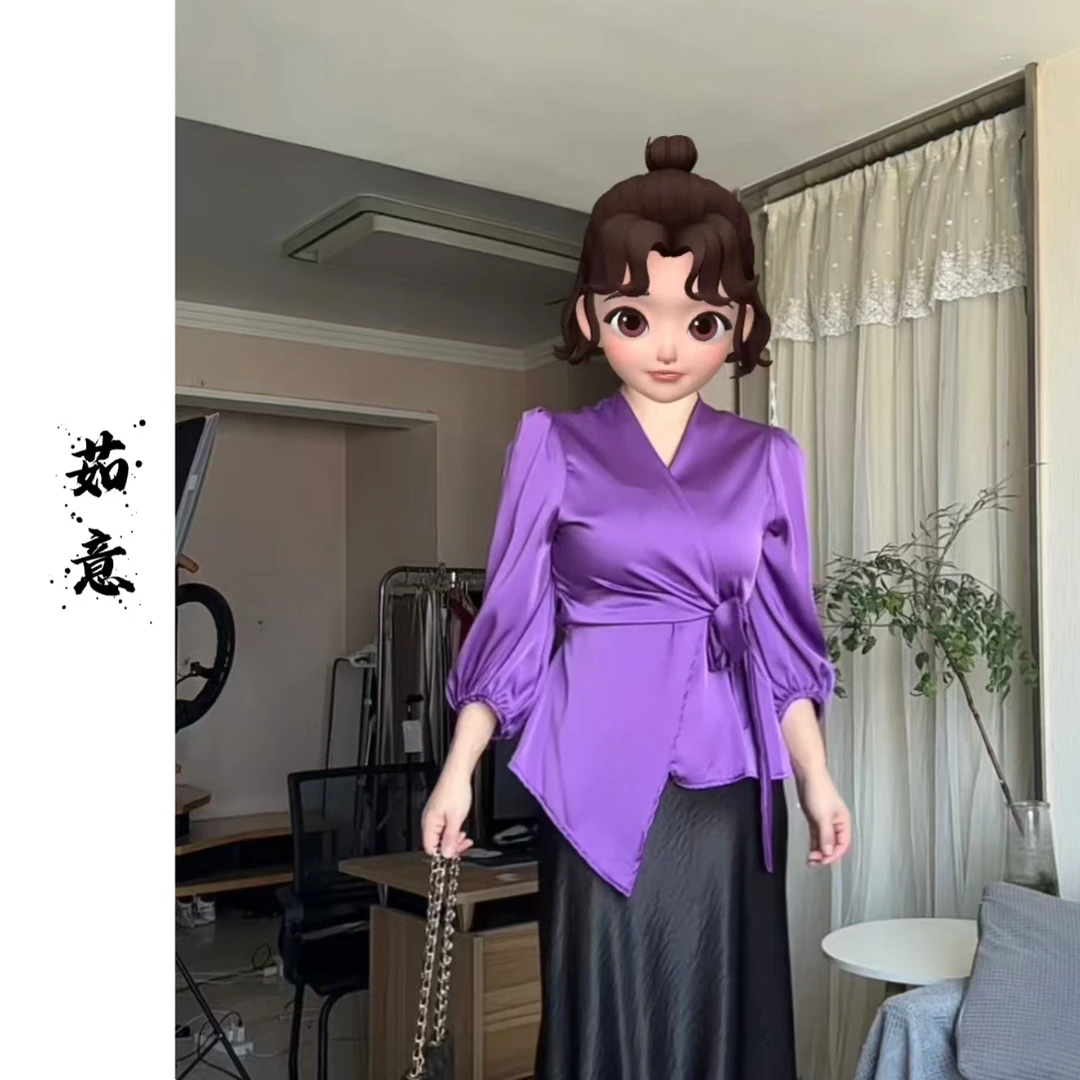 交叉绑带V领褶皱衬衫早秋气质小众设计款上衣紫衣设计感韩版