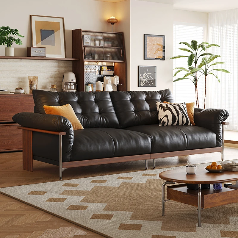 复古风真皮沙发客厅头层牛皮设计师中古风简约直排三人位牛皮沙发