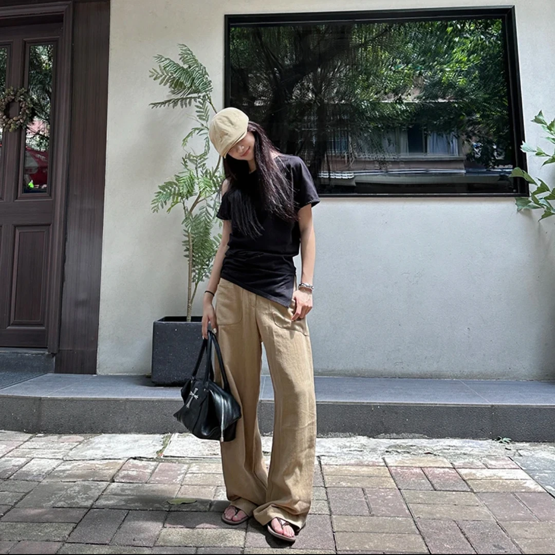 高腰亚麻阔腿香蕉裤时尚休闲百搭复古宽松秋季显瘦