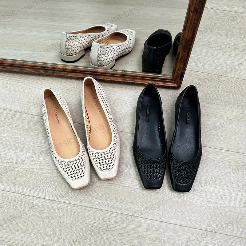 2cm/1917牛皮方头浅口平跟单鞋女春夏镂空透气粗跟真皮女鞋法式