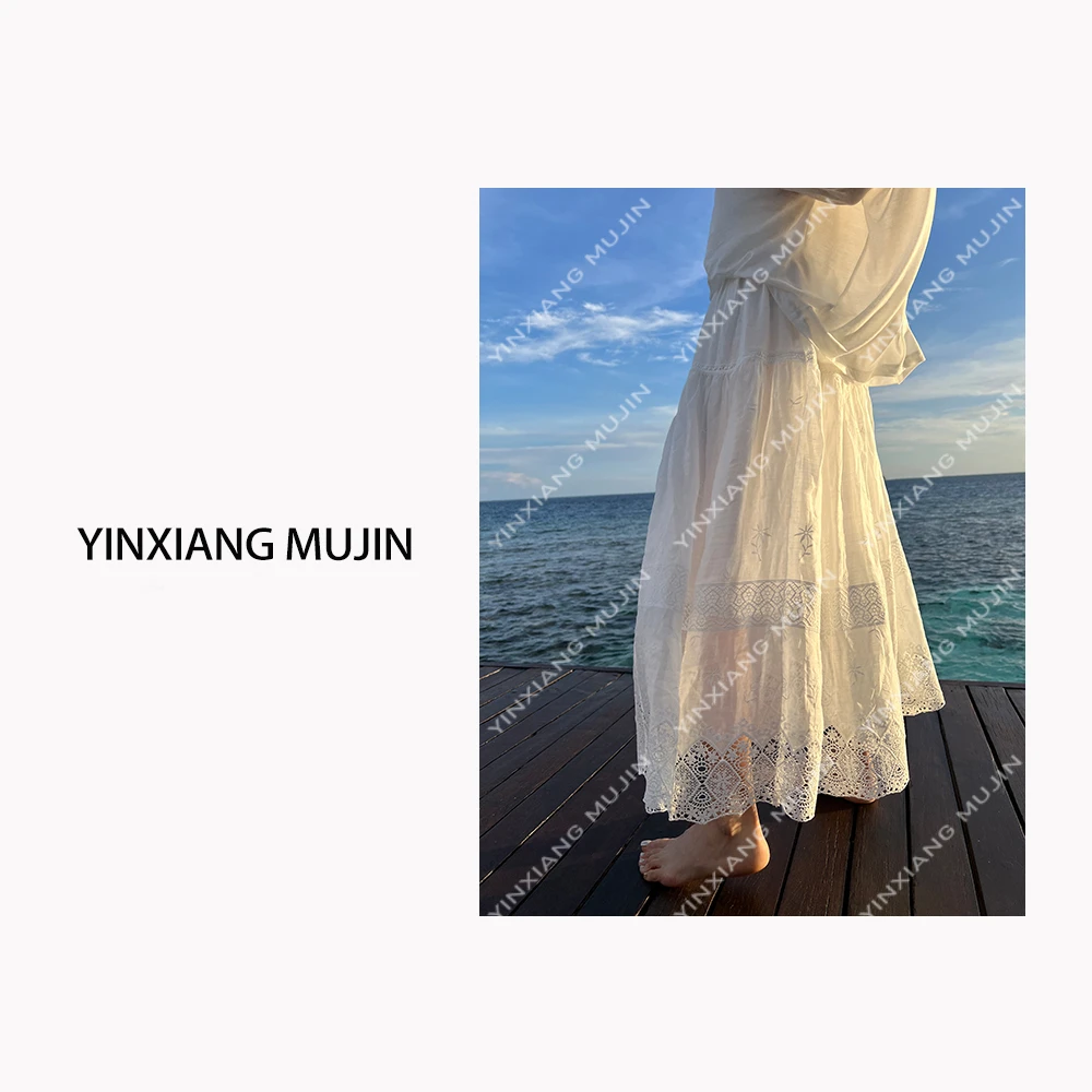 【YINXIANGMUJIN】马代镂空半裙 苎麻菱形刺绣白裙女士森系半身裙