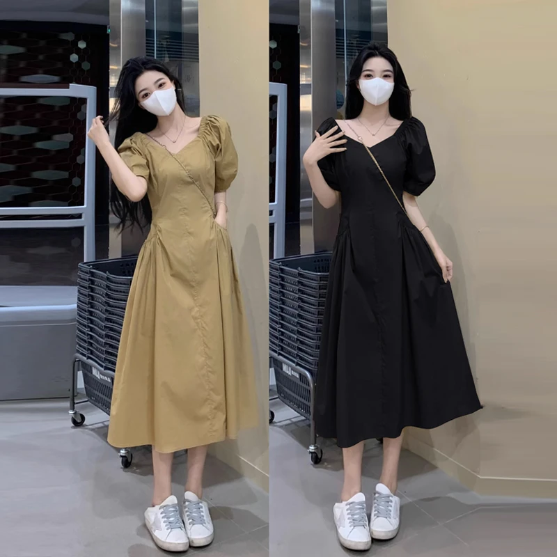 大码法式气质泡泡袖裙子小个子夏季胖mm遮肉收腰显瘦设计感连衣裙