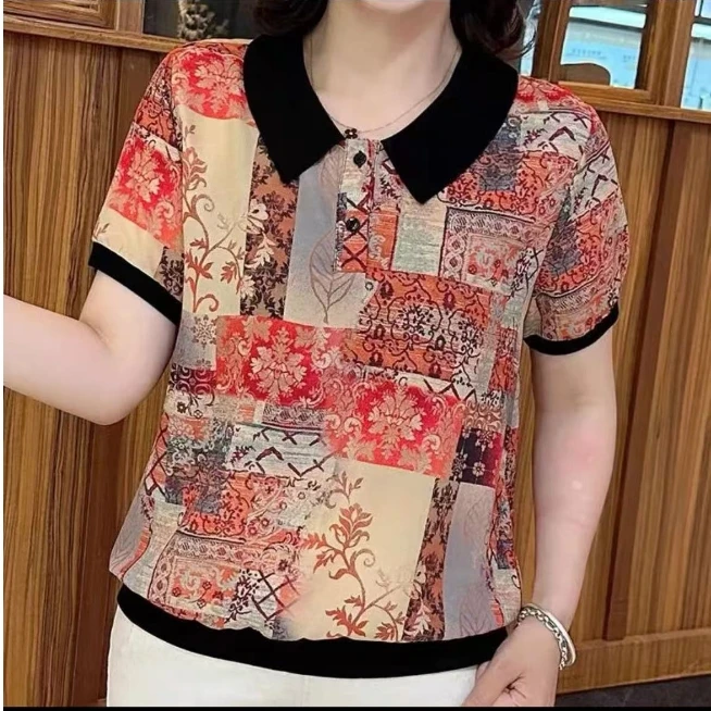 2025女式印花撞色领大码妈妈装