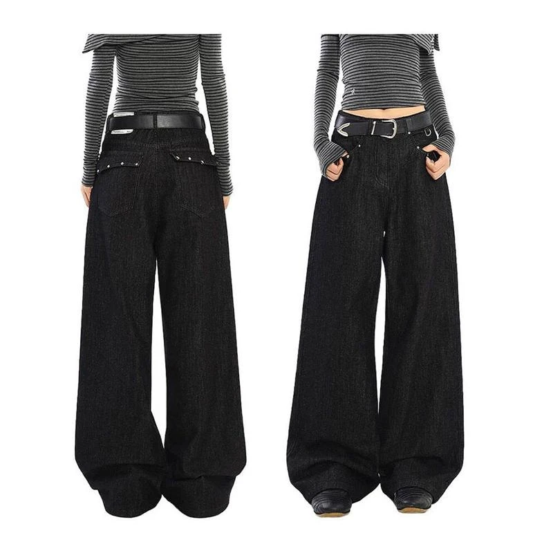 设计感柳丁黑色直筒牛仔裤女秋季新款美式复古宽松阔腿拖地裤子潮