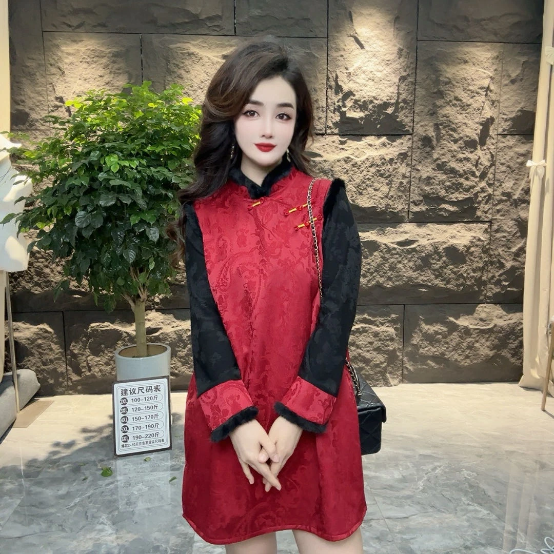 胖MM秋冬加绒保暖新中式提花马甲内搭套装时尚显瘦遮肉两件套
