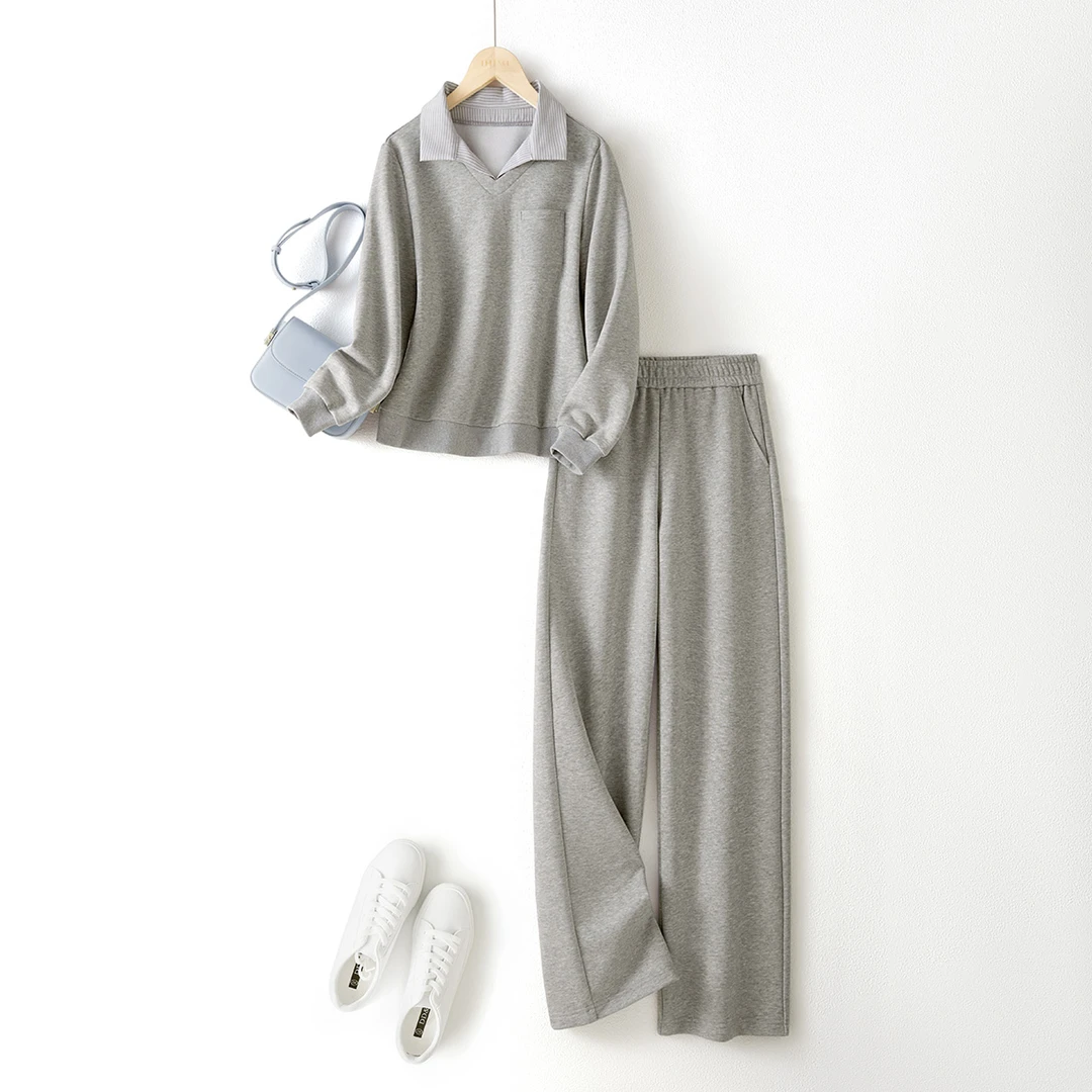 IHIMI/海谧莫兰迪灰卫衣两件套2025早春新款假两件卫衣裤套装9303