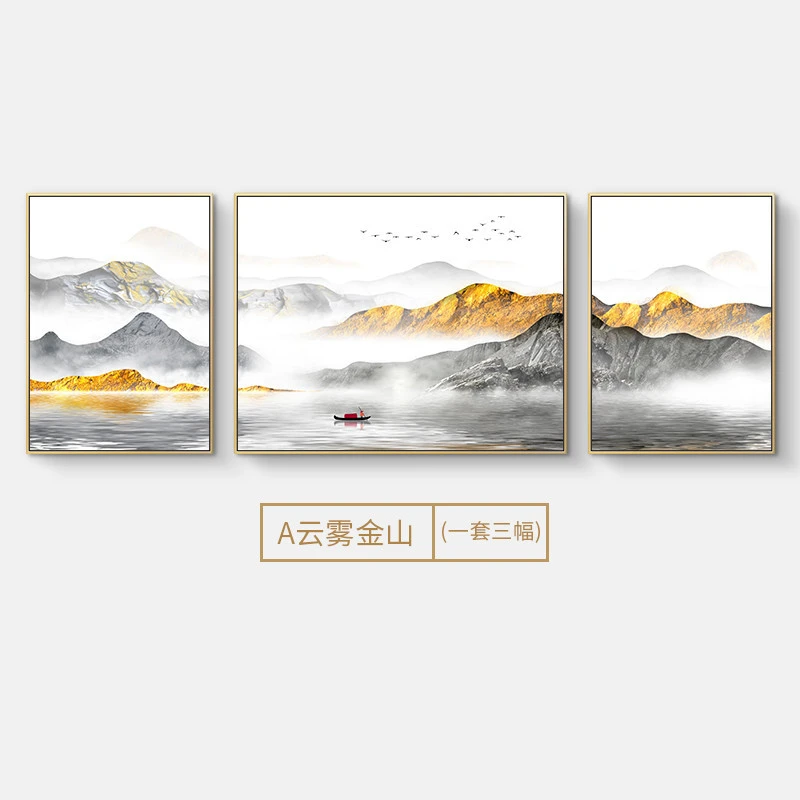 新中式客厅现代简约沙发背景墙三联装饰油画