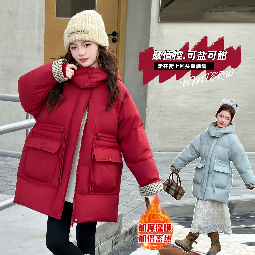 女童中长款棉服2025新款冬季6-12岁潮款女孩韩版收腰连帽棉衣童装
